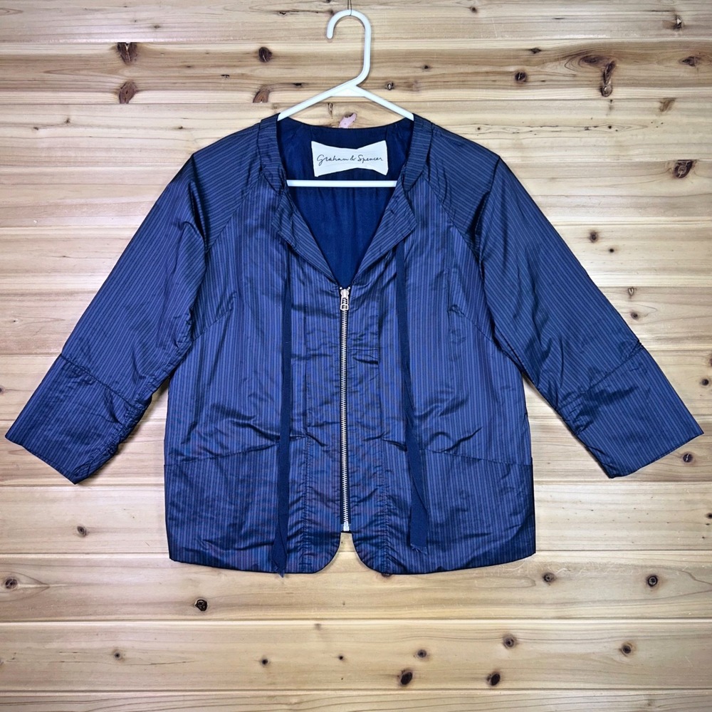 Graham & Spencer Blouse Womens Medium Blue Pinstripe Zip Up 3/4 Sleeve Shirt